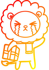 warm gradient line drawing of a cartoon crying lion