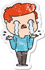 distressed sticker of a cartoon man crying