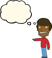 cartoon happy man pointing with thought bubble