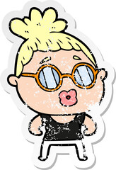 distressed sticker of a cartoon woman wearing spectacles