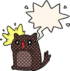 cartoon shocked cat amazed with speech bubble in comic book style
