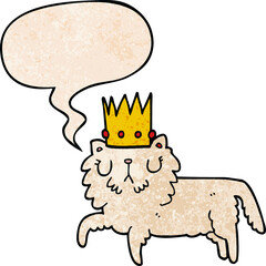 cartoon cat wearing crown with speech bubble in retro texture style