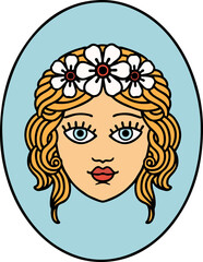 tattoo in traditional style of a maiden with crown of flowers
