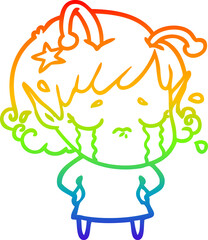 rainbow gradient line drawing of a cartoon crying alien girl