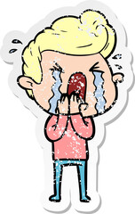 distressed sticker of a cartoon crying man