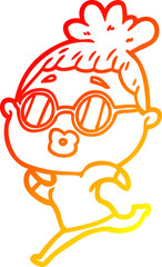 warm gradient line drawing of a cartoon woman running wearing sunglasses