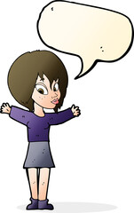 cartoon woman with open arms with speech bubble