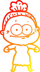 warm gradient line drawing of a cartoon happy old woman