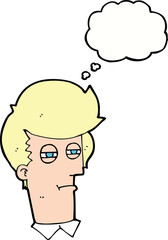 cartoon man with narrowed eyes with thought bubble