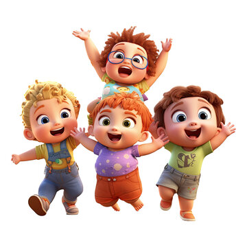 3D cartoon group of little children on transparent background. Generative AI