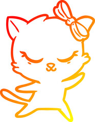 warm gradient line drawing of a cute cartoon cat with bow