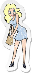 retro distressed sticker of a cartoon woman looking in handbag