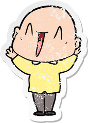 distressed sticker of a happy cartoon bald man