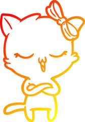 warm gradient line drawing of a cartoon cat with bow on head