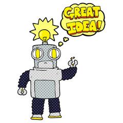 freehand drawn thought bubble cartoon robot with great idea