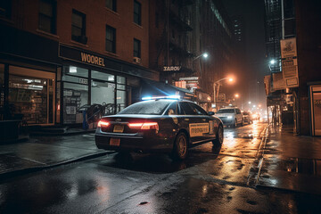 Fototapeta na wymiar Police car on big city street at night. Generative AI