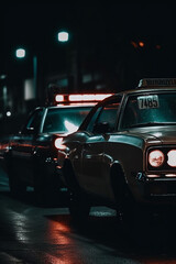 Police car on big city street at night. Generative AI