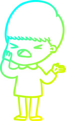 cold gradient line drawing of a cartoon stressed man