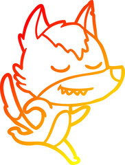 warm gradient line drawing of a friendly cartoon wolf