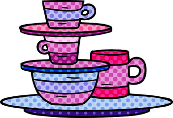 hand drawn cartoon doodle of colourful bowls and plates