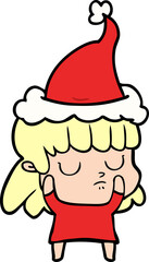 hand drawn line drawing of a indifferent woman wearing santa hat