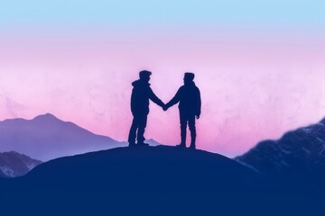 Silhouette friends imaging touch cold on the mountain peaks. Generative AI