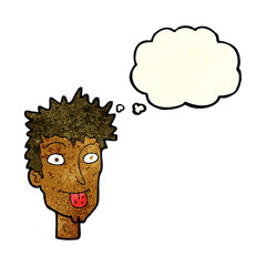 cartoon man sticking out tongue with thought bubble