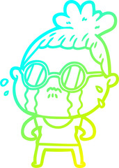 cold gradient line drawing of a cartoon crying woman wearing sunglasses