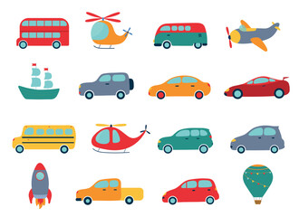 Cute vector toy transport isolated on white background. Ship, cars, plane, helicopter, rocket, bus. Kids flat colorful vehicle set