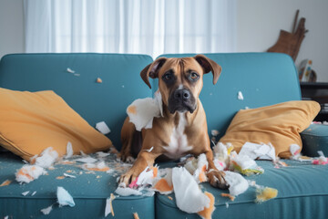 Bored puppy dog destroyed sofa cushion while was home alone. Generative Ai - 608225393
