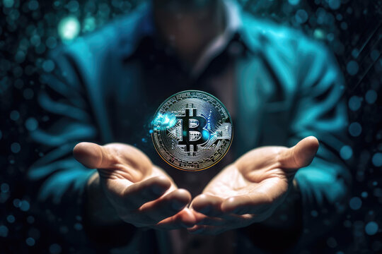 A person holding a physical cryptocurrency token or a blockchain diagram. Generative AI