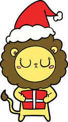 hand drawn line drawing of a lion with christmas present wearing santa hat