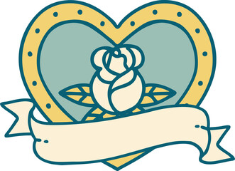 iconic tattoo style image of a heart rose and banner