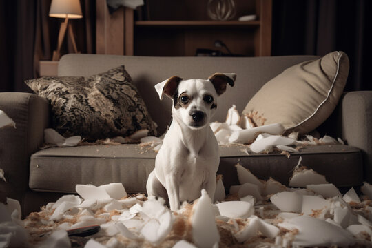 Bored puppy dog destroyed sofa cushion while was home alone. Generative Ai