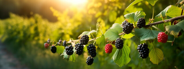 blackberry grows on a tree in the harvest garden. Generative Ai,