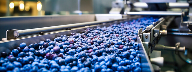 blueberries, tape in the food industry, products ready for automatic packaging. Concept with automated food production. Generative AI, - obrazy, fototapety, plakaty