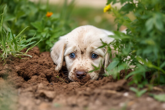Puppy dog digging hole in garden lawn. Generative Ai