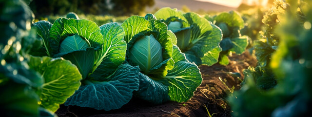 cabbage grows in the garden harvest. Generative Ai, - obrazy, fototapety, plakaty