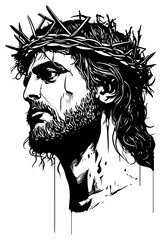 Jesus Christ in a crown of thorns on his head, religious t-shirts and print design, vector illustration