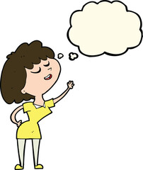cartoon happy woman about to speak with thought bubble