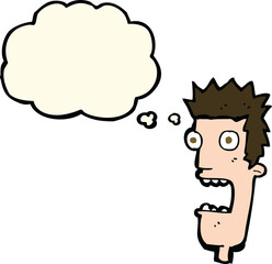 cartoon shocked man's face with thought bubble
