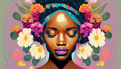 Face of black woman surrounded by lots of multicolored flowers