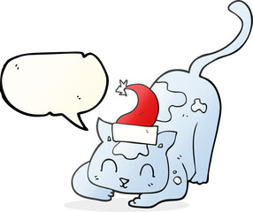 freehand drawn speech bubble cartoon cat wearing christmas hat
