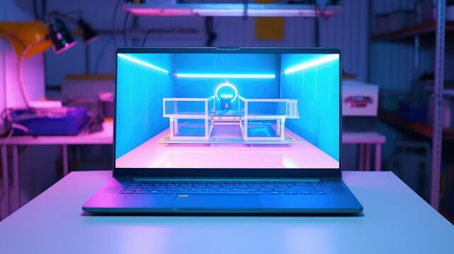 Neon futuristic concept. modern office with table, laptop with colored screen. generative AI image