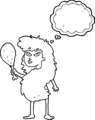 freehand drawn thought bubble cartoon cavewoman with meat