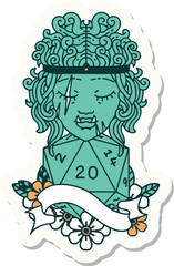 sticker of a half orc barbarian character with natural twenty dice roll