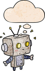cartoon robot with thought bubble in grunge texture style