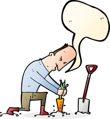 cartoon gardener with speech bubble