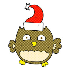 freehand drawn cartoon owl wearing christmas hat