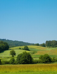 Fototapeta na wymiar Hills, fields and meadows - beautiful landscape of Wiezyca.